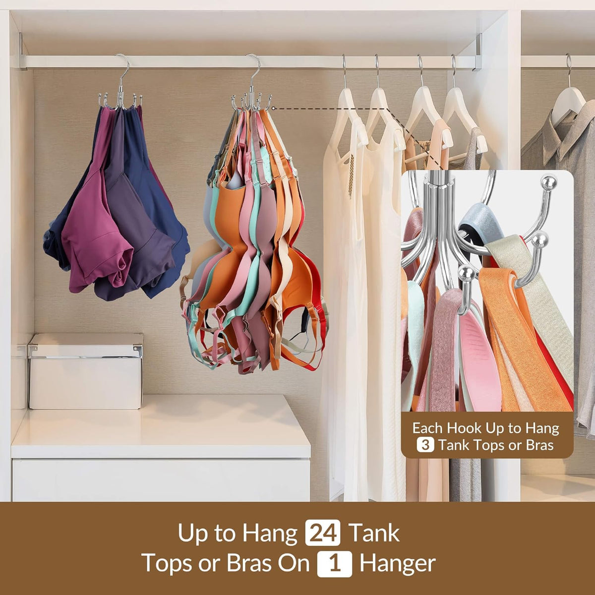 Tank Top Hanger, Rotating Bra Organizer for Closet, Holds 24 Bras