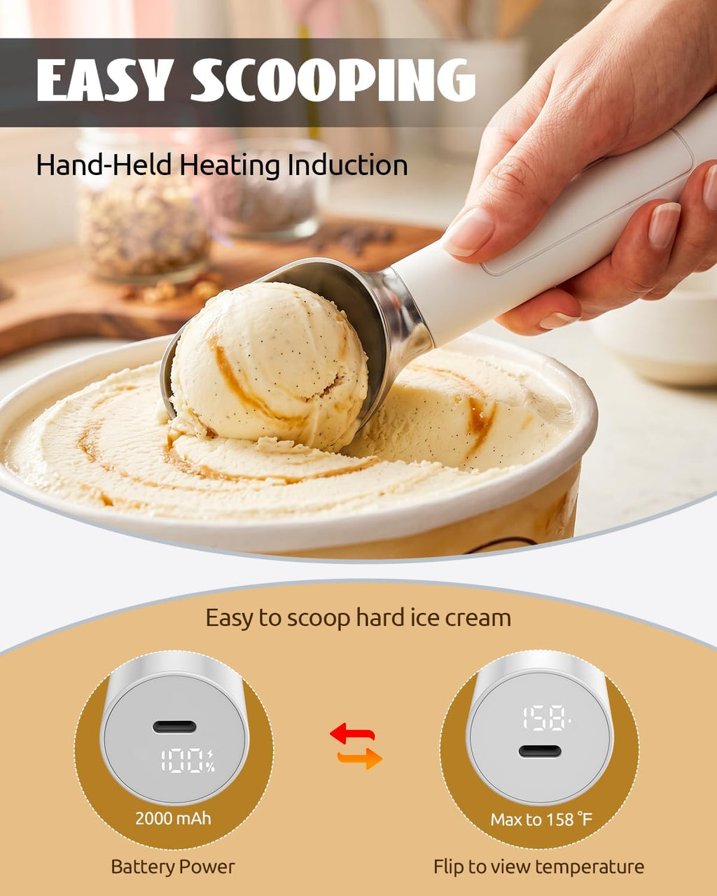 Rechargeable Heated Ice Cream Scoop, Electric Scooper with LED